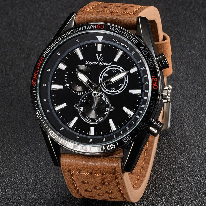 V6 V0270 Mens Quartz Watch with Tan Leather Band/Black Face