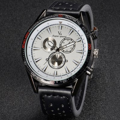 V6 V0270 Male Quartz Watch with Black Leather Band/White Face