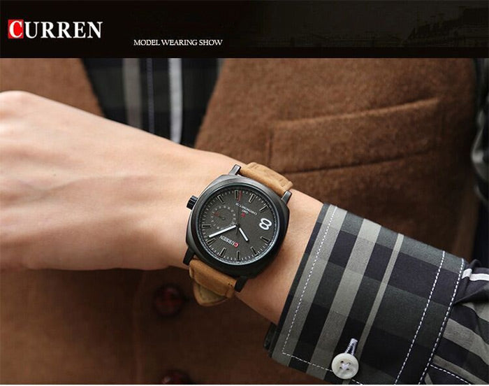 Curren Man's Watch - Black Face - Curren Men's Quartz Watch Number Indicative Trapezoids Leather Watchband