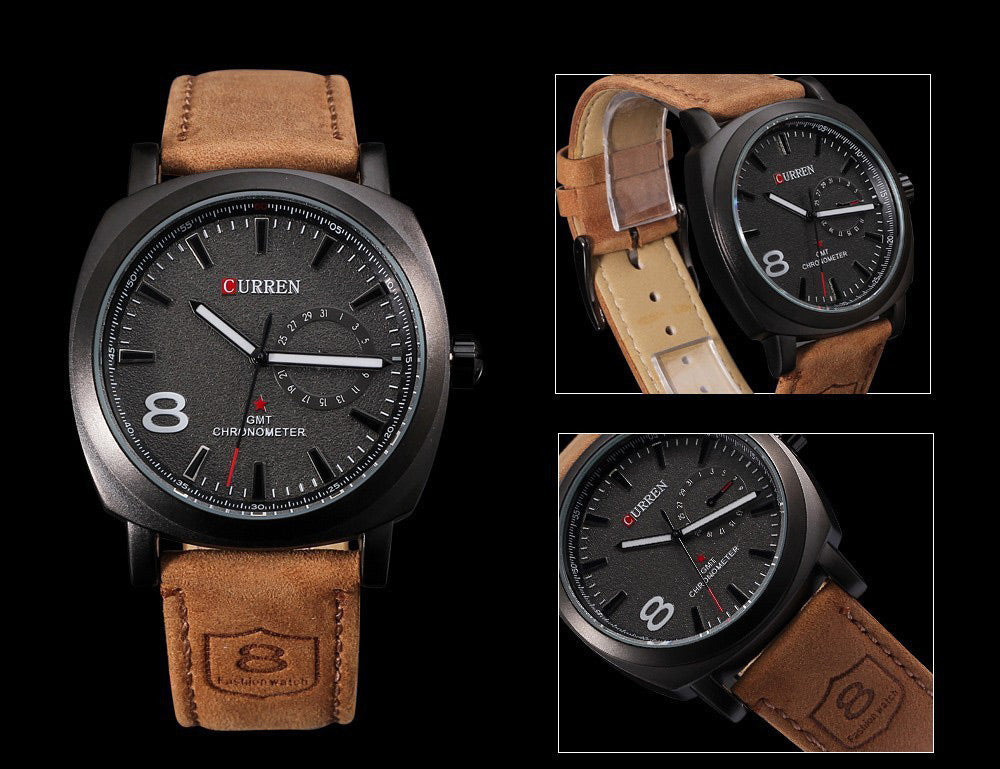 Curren Man's Watch - Black Face - Curren Men's Quartz Watch Number Indicative Trapezoids Leather Watchband