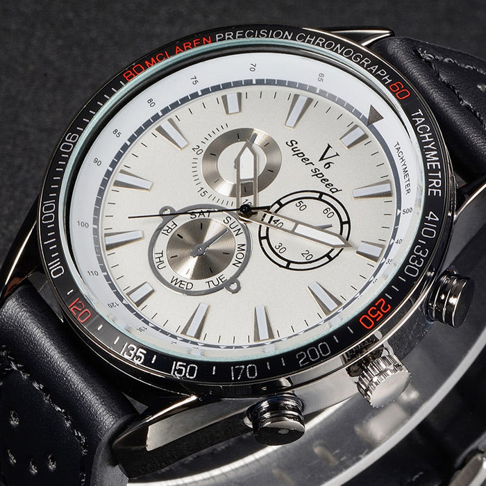V6 V0270 Male Quartz Watch with Black Leather Band/White Face