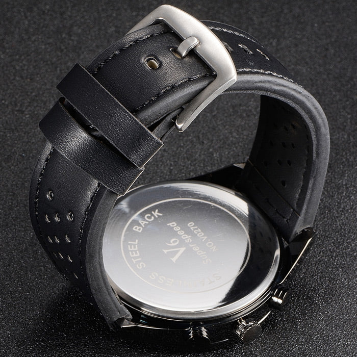 V6 V0270 Male Quartz Watch with Black Leather Band/White Face