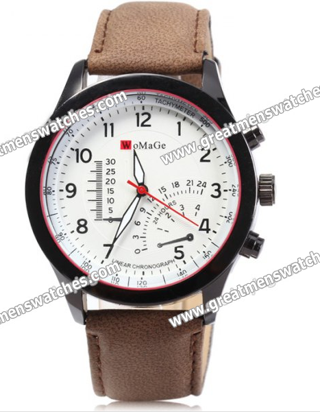 WoMaGe Men's Quartz Watch with Decorative Sub-dials Nubuck Leather Strap
