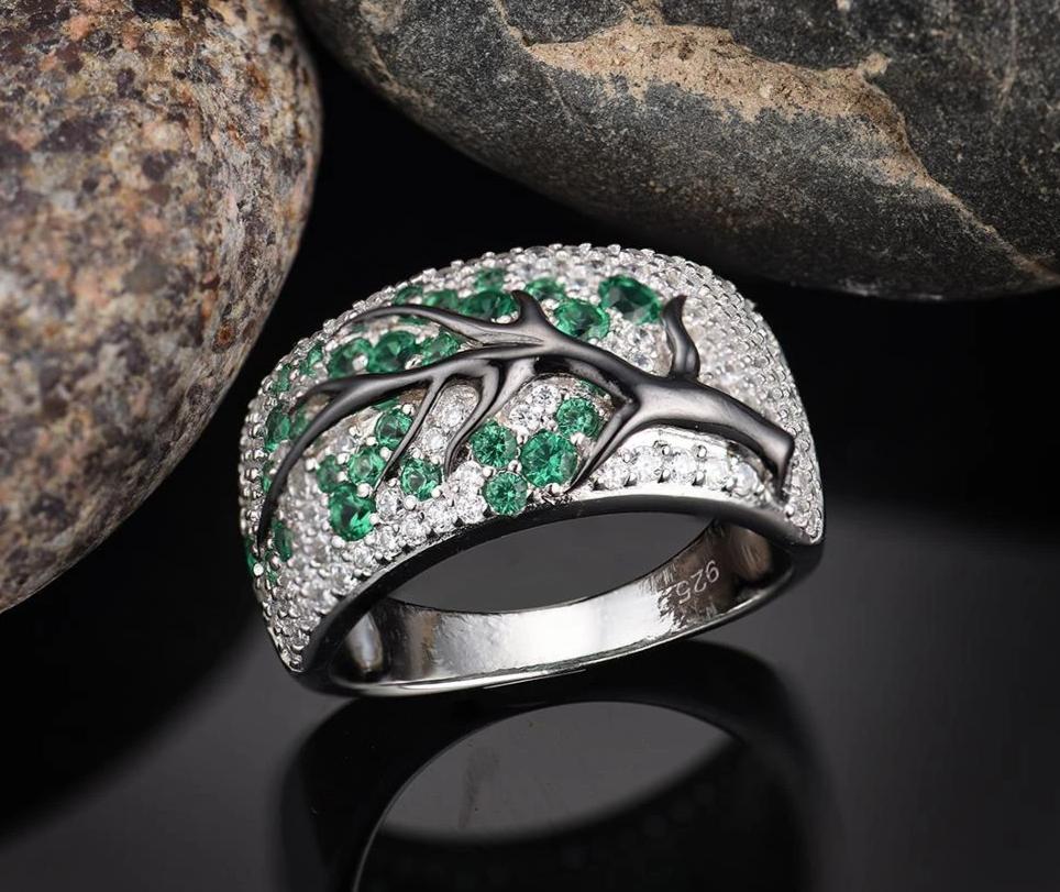 Set of Green Branch Cherry Tree Earrings & Ring