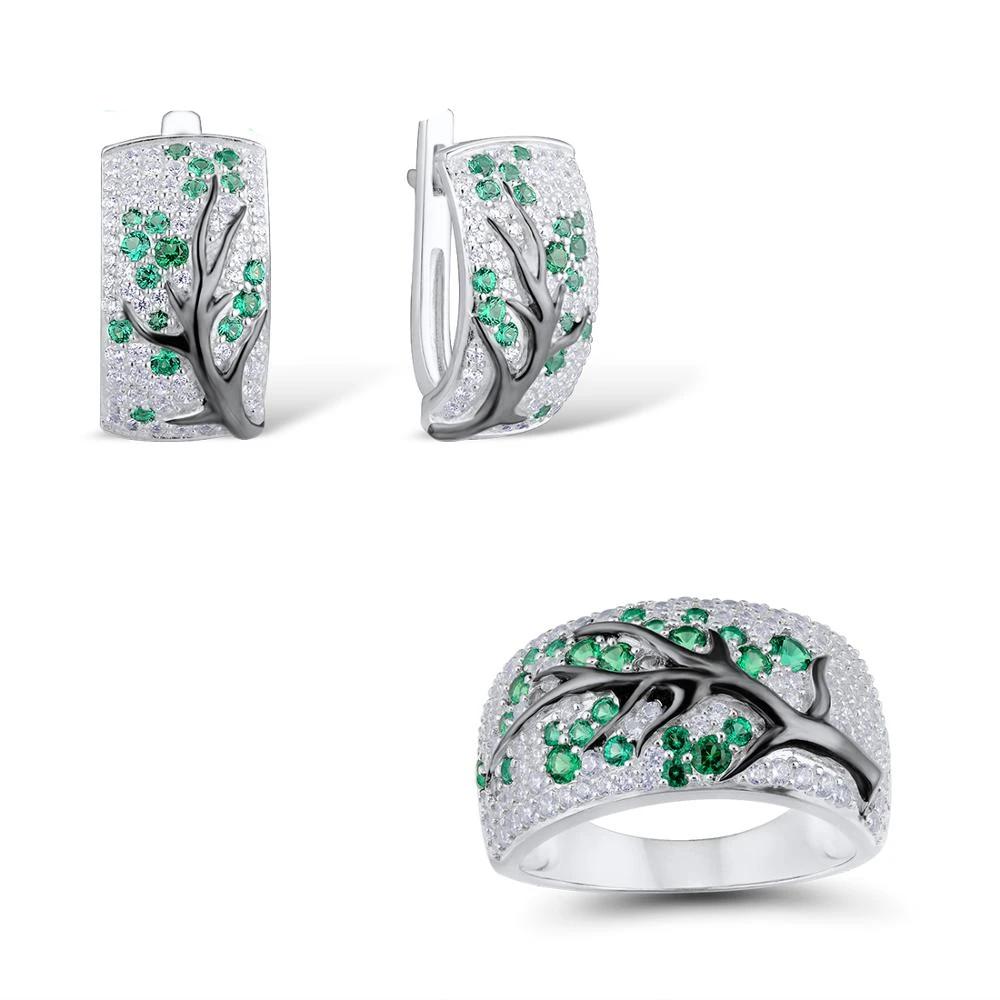 Set of Green Branch Cherry Tree Earrings & Ring