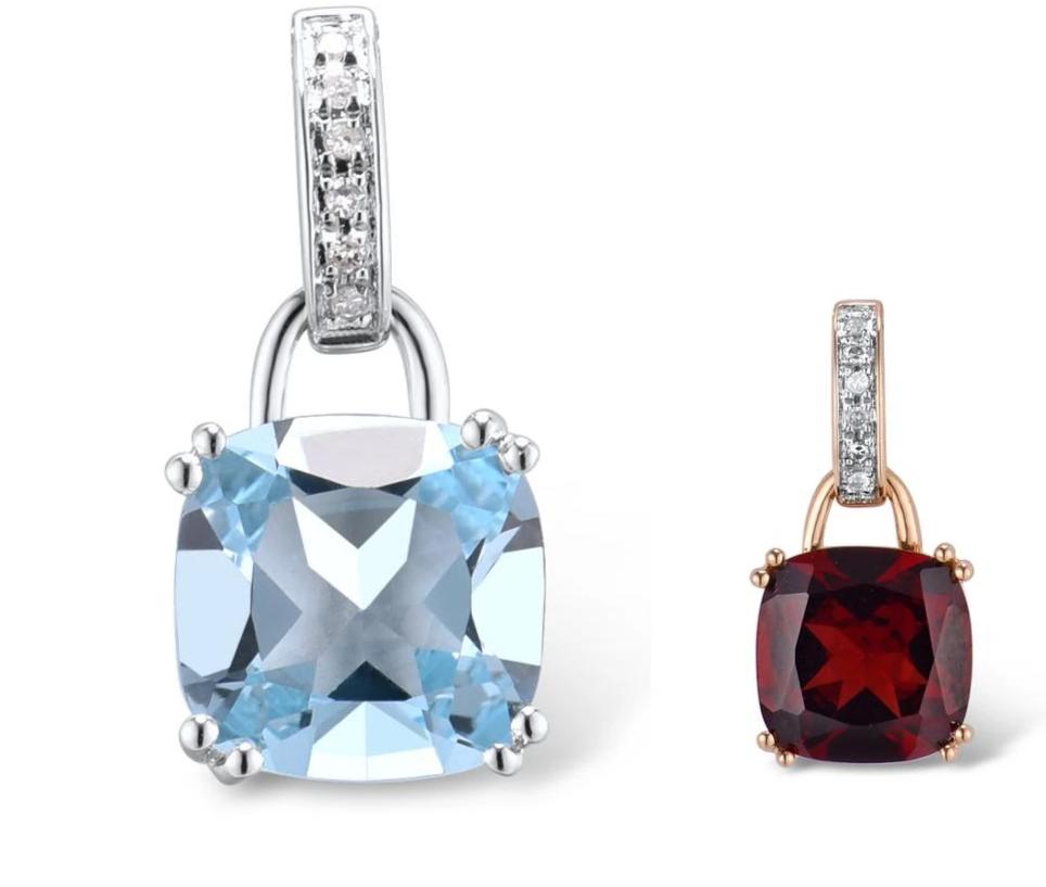 Genuine 14K 585 White Gold/Rose Gold Radiant Sky Blue Topaz or Sparkling Garnet Pendant