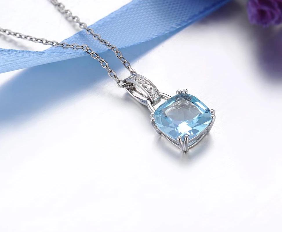 Genuine 14K 585 White Gold/Rose Gold Radiant Sky Blue Topaz or Sparkling Garnet Pendant