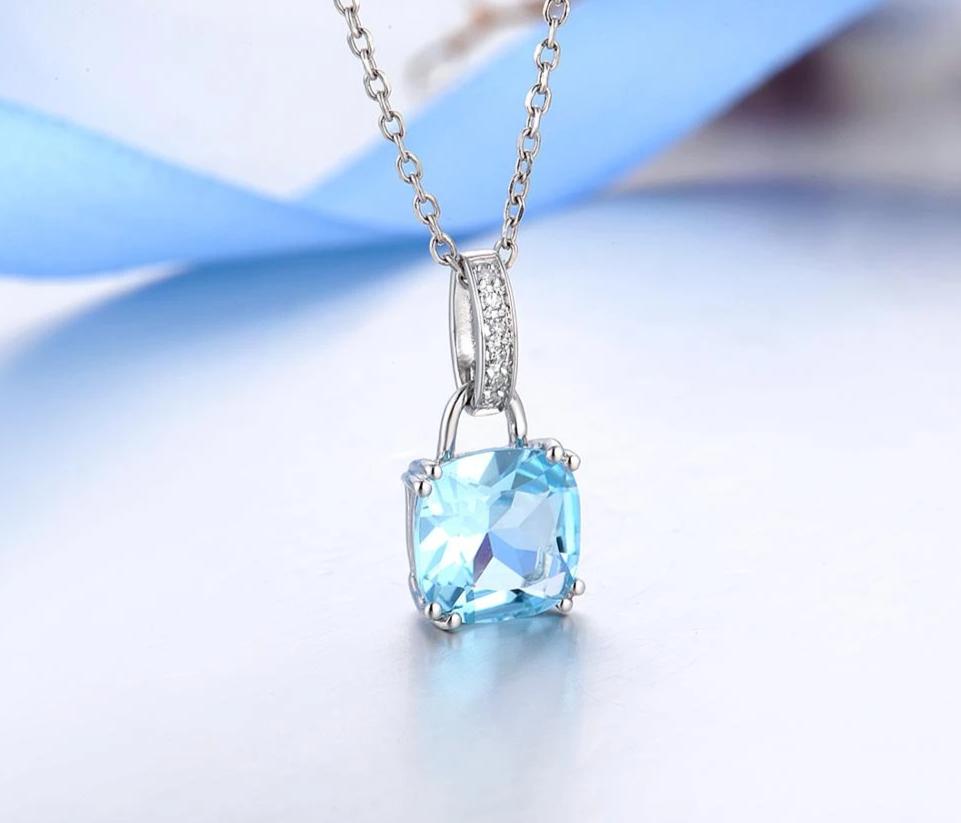 Genuine 14K 585 White Gold/Rose Gold Radiant Sky Blue Topaz or Sparkling Garnet Pendant