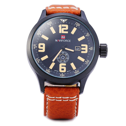 Naviforce Men's Watch - Water Resistant Quartz (Japanese Movement) Watch with Date Day Display Leather Band