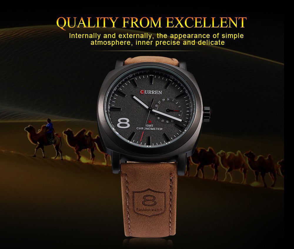 Curren Man's Watch - Black Face - Curren Men's Quartz Watch Number Indicative Trapezoids Leather Watchband