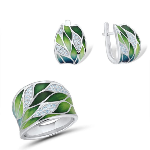 Set of Handmade Eco Bamboo Leaves Ring and Earings for Women