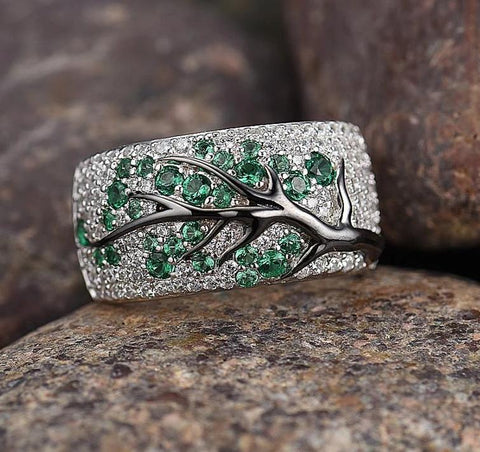 Set of Green Branch Cherry Tree Earrings & Ring