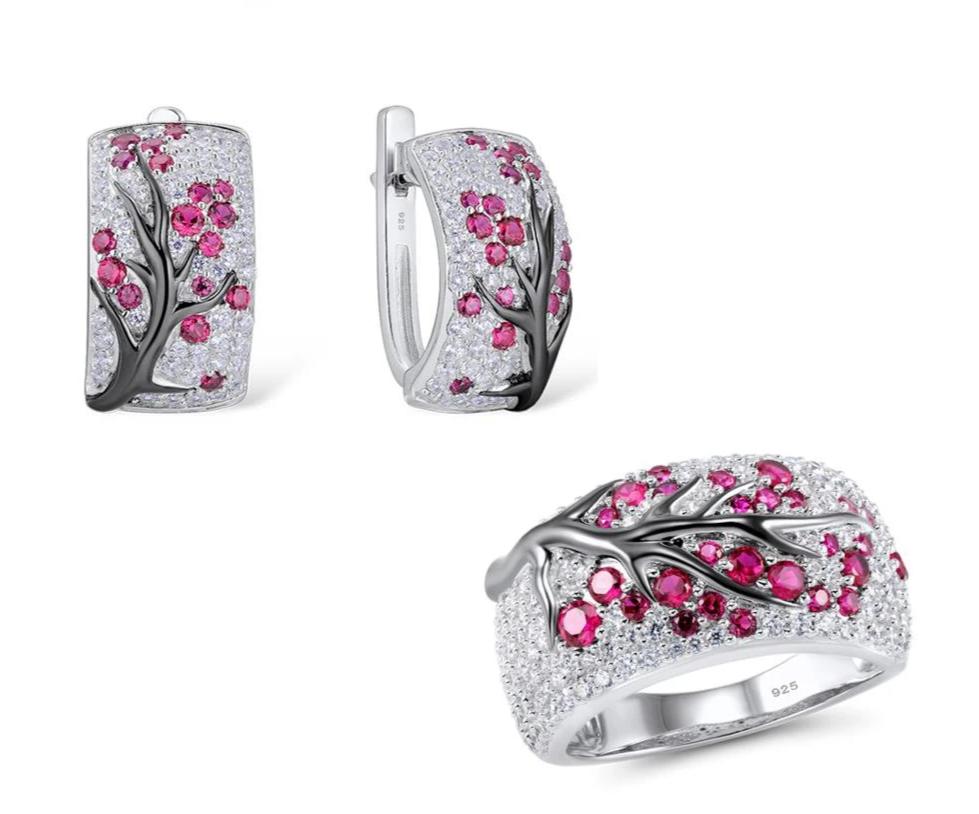 Set of Brilliant Cherry Tree Earrings & Ring